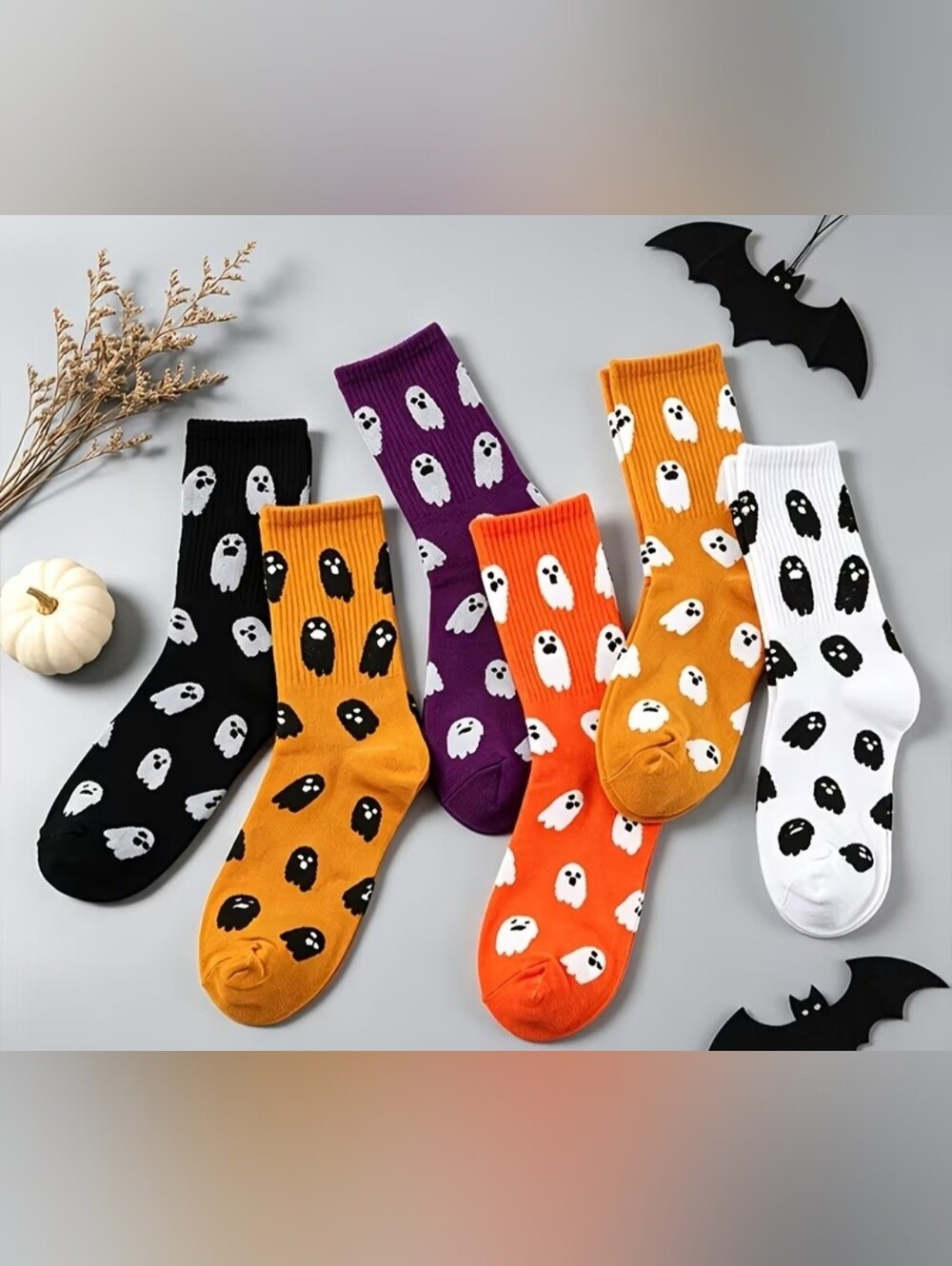 Women's Halloween Ghost Crew Socks - 2 pairs orange and black